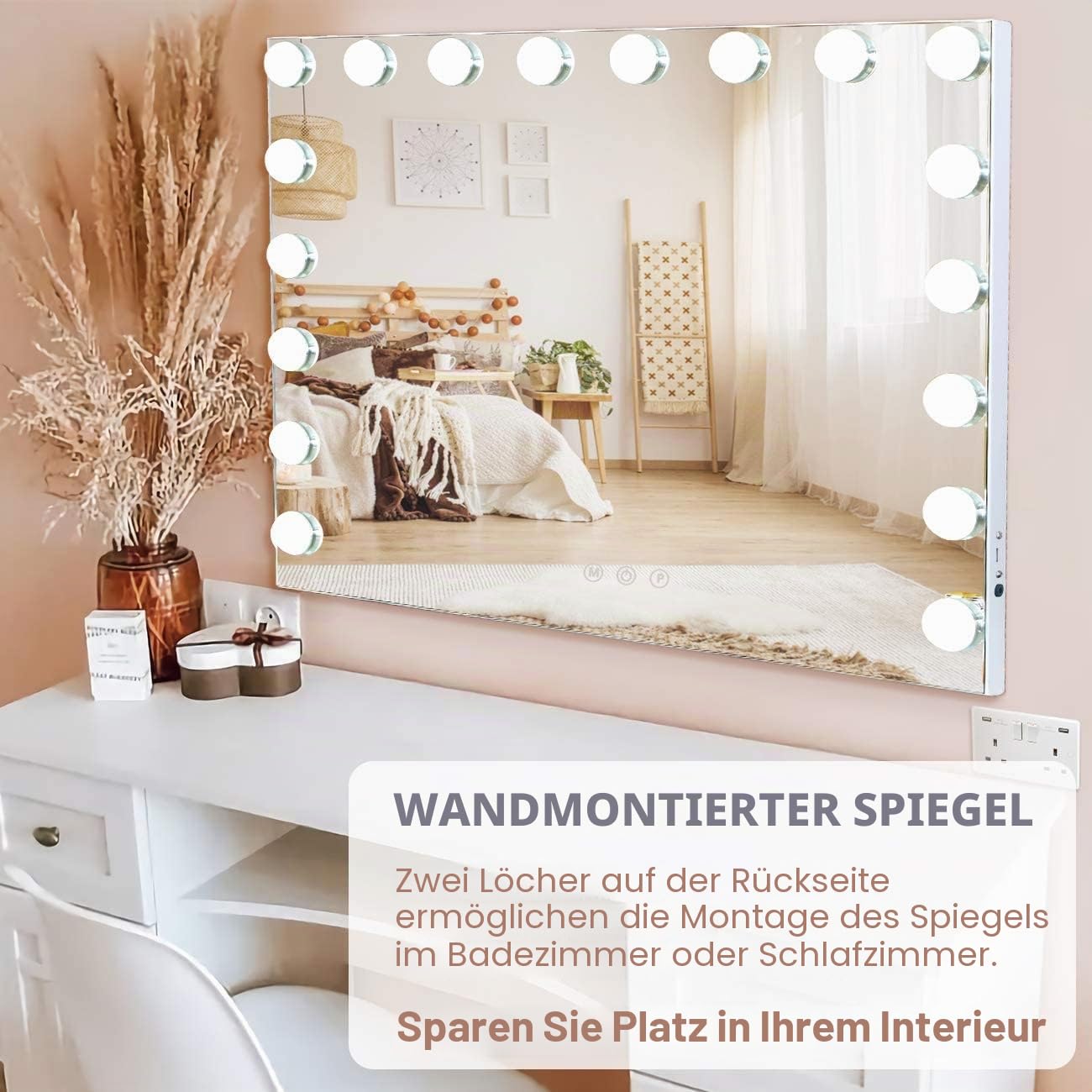 Hansong Großer Hollywood-Spiegel, 80 x 60 cm, Kosmetikspiegel mit 18 LED-Lampen, 3 Farben, Beleuchtungsmodus, Kosmetikspiegel mit USB-Ladeanschluss und 10-facher Lupe für Schlafzimmer