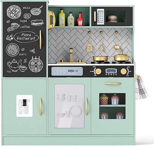 Miniatura 8 de Costzon Juego de cocina para niños, juego de cocina grande de madera con sonidos y luces reales, microondas, pizarra, horno, máquina de hielo,