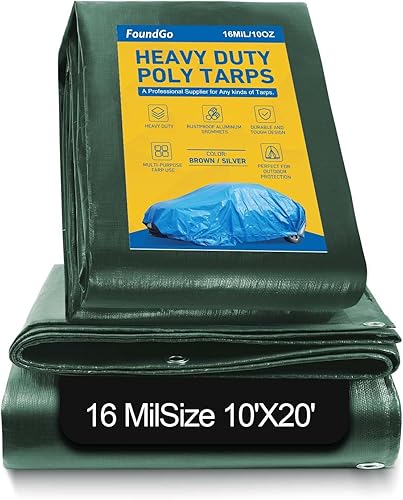 FoundGo Lonas resistentes de 16 mil, cubierta de lona súper gruesa impermeable de polietileno con ojales, resistente a los rayos ultravioleta, para