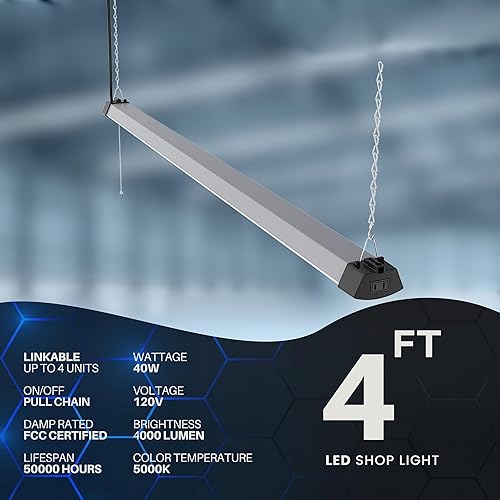 Miniatura 3 de DYMOND Lámpara LED envolvente de 4 pies y 40 W con cadena de tracción, luz diurna blanca 5000 K para garaje, taller, sótano