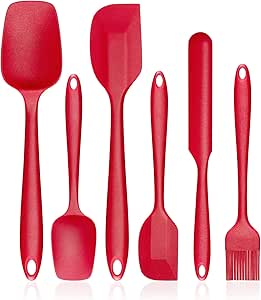 Silicone Spatula Set, G.a HOMEFAVOR Heat-Resistant Spatula - One Piece Seamless Design, Non-Stick Silicone with Reinforced Stainless Steel Core (6 Piece Set, Red)