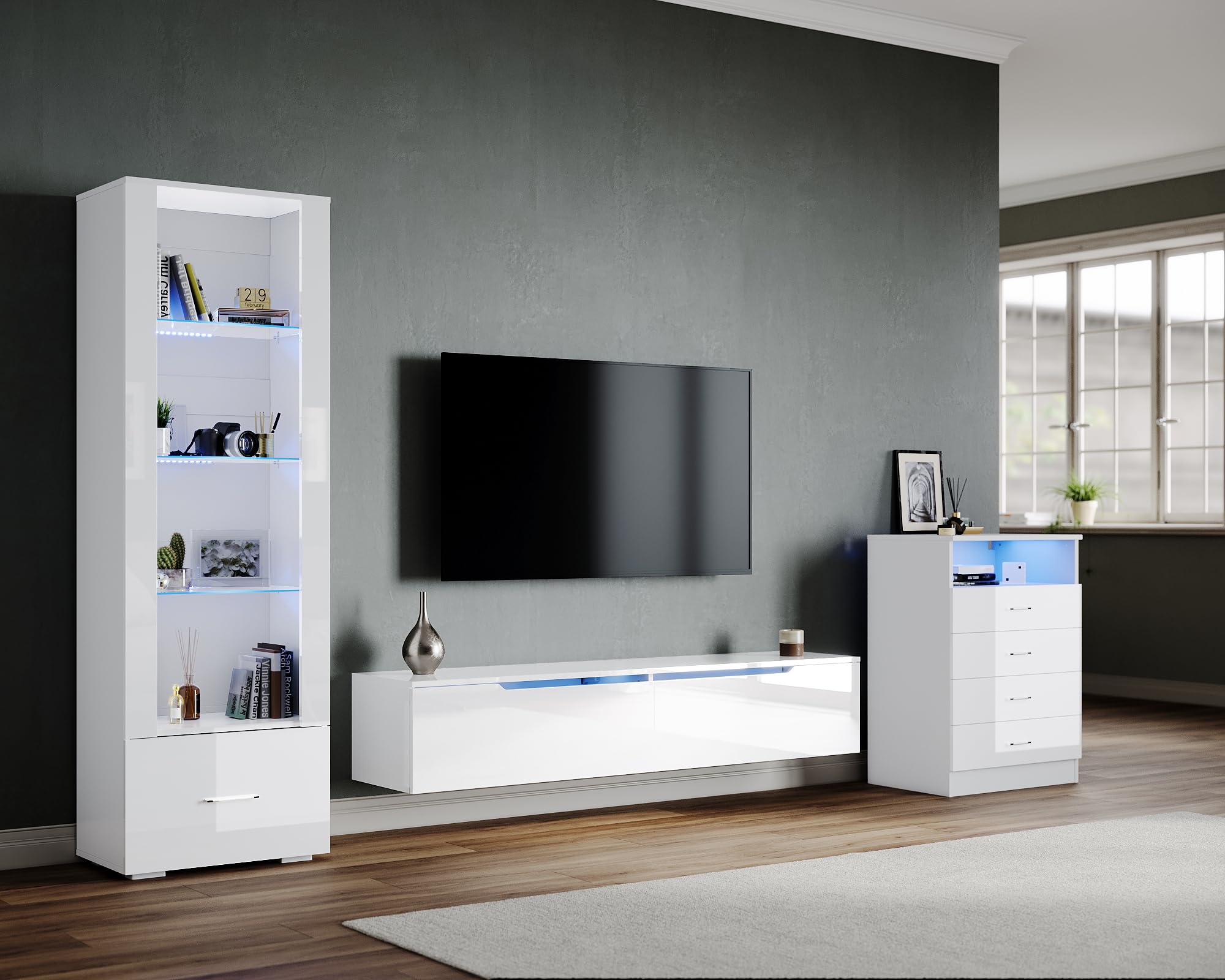 SONNI Mueble TV con Luz LED Regulables de 12 Colores,Mueble de Salón Blanco 160x35x30cm