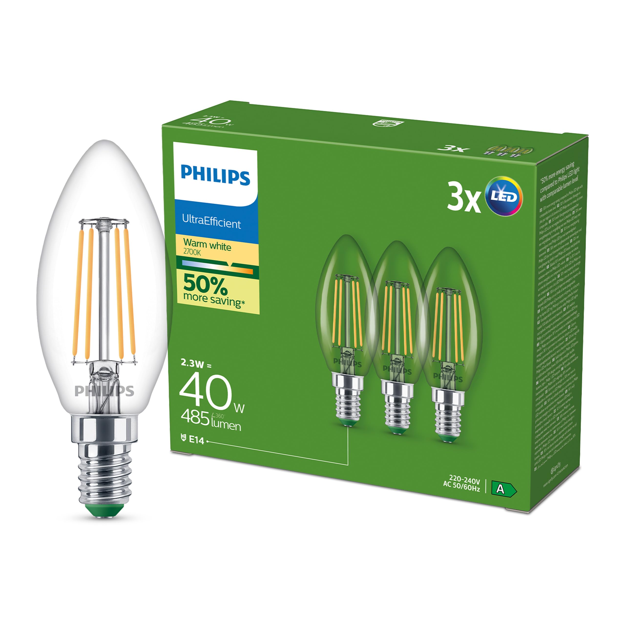 Philips Led Bulb E14 B35 2.3W 485Lm 2700K Filament 3-Pack