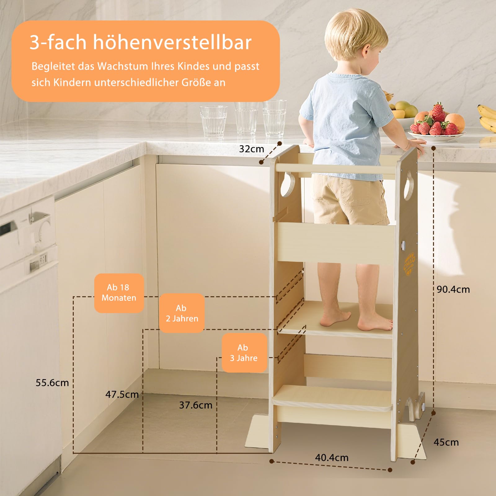 Lernturm für Kleinkinder – 3-in-1 Montessori-Küchenhocker mit Sicherheitsgeländer, höhenverstellbar, stabil mit Anti-Rutsch-Basis, umwandelbar in Hochstuhl und Aktivitätscenter