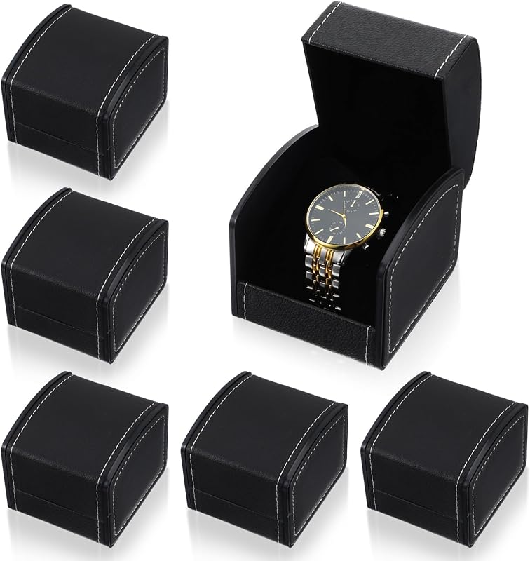 Limbeuuu 6 Packs Single Grid Watch Box with Pillow, PU Leather Gift Case for Bracelet, Jewelry Wristwatch Storage, Watch Display Holder for Men and Women, Single Watches Roll Organizer, Black