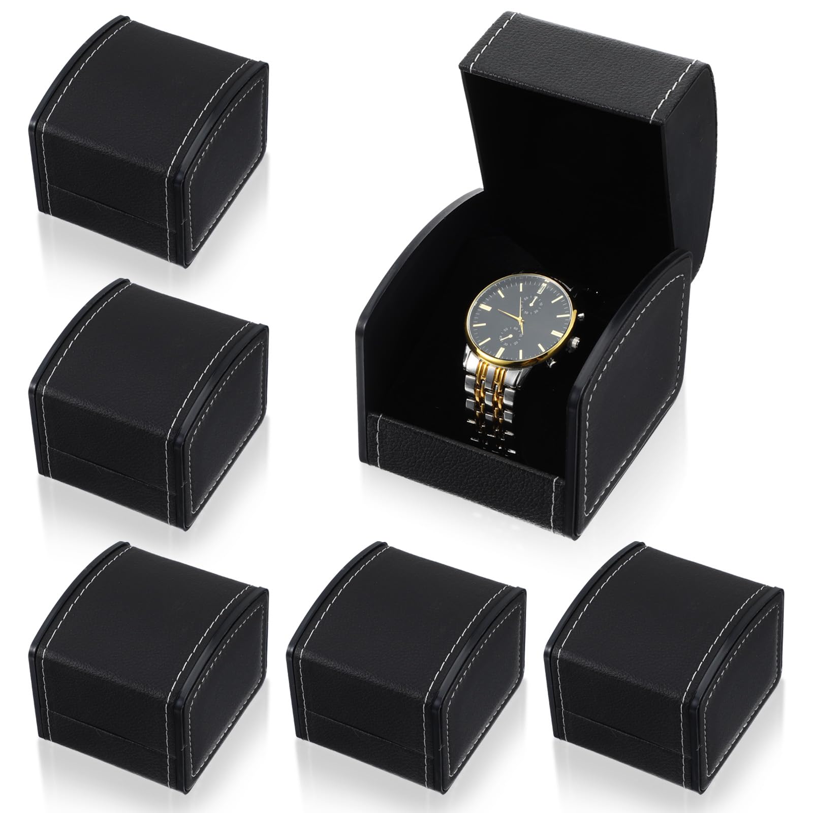 6 Packs Single Grid Watch Box with Pillow, PU Leather Gift Case for Bracelet, Jewelry Wristwatch Storage, Watch Display Holder for Men and Women, Single Watches Roll Organizer, Black