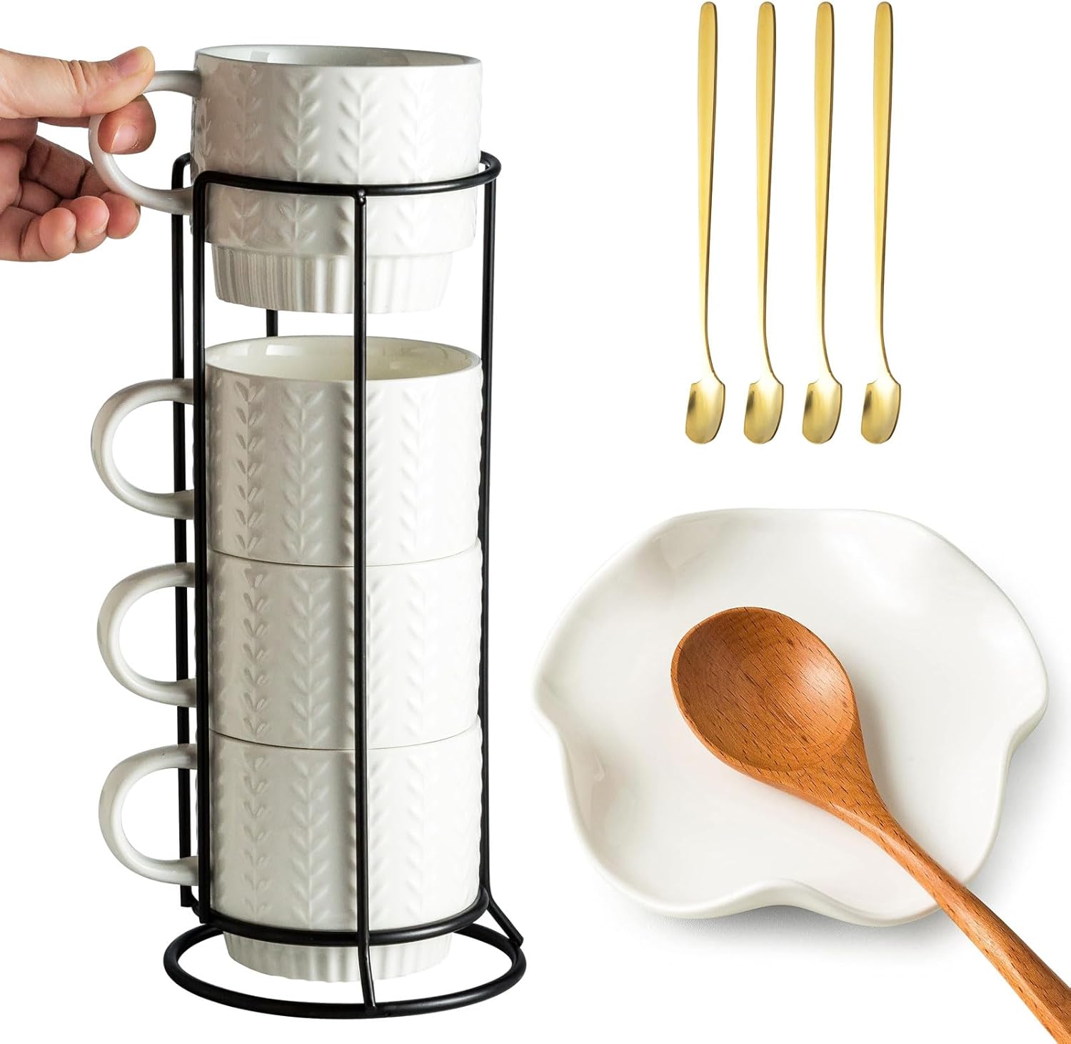 Stackable Coffee Mugs Set of 4 and Spoon Rest, 13oz Coffee Cup Set with Rack Perfect for Coffee Tea Cocoa Milk, Cute Spoon Rest for Kitchen Counter, Housewarming Gift