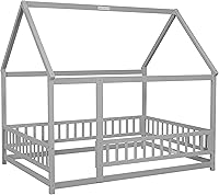 Vista 6 de Cama de casa de tamaño matrimonial para niños, marco de cama de piso de madera con marco de techo de casa, cama de plataforma con barandillas