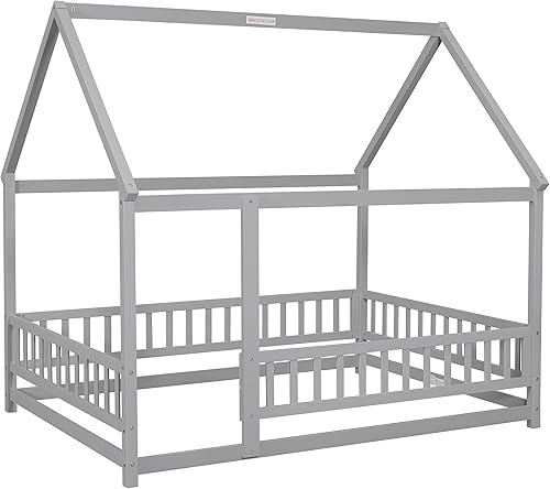 Miniatura 6 de Cama de casa de tamaño matrimonial para niños, marco de cama de piso de madera con marco de techo de casa, cama de plataforma con barandillas de