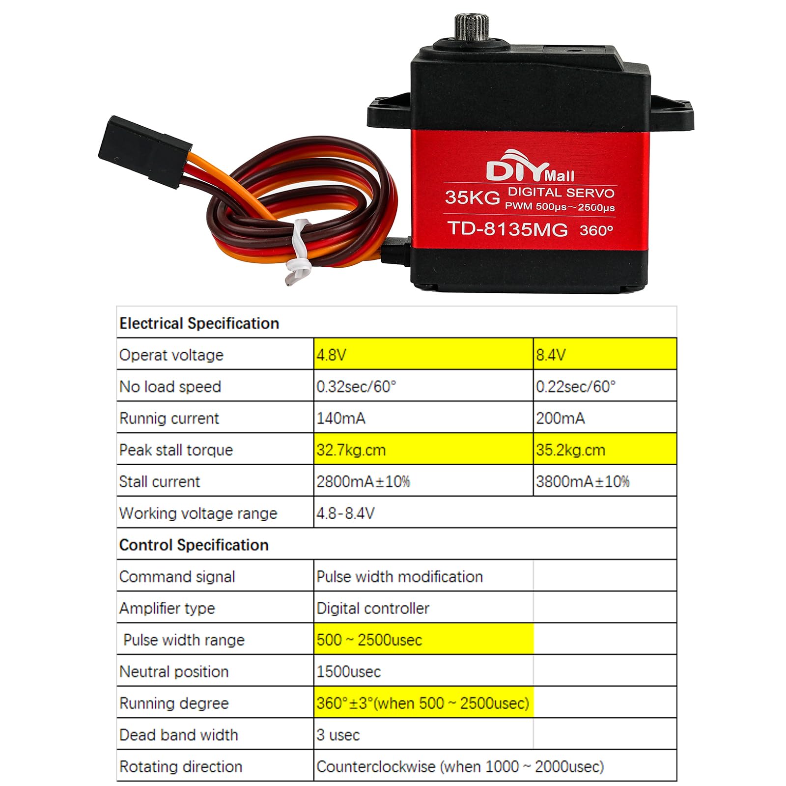 DIYmall 2 Sets TD-8135MG 35KG 360 Degree Servo Full Metal Gear High Voltage Continuous Rotation Digital Servo for RC Car Robotic Airplane