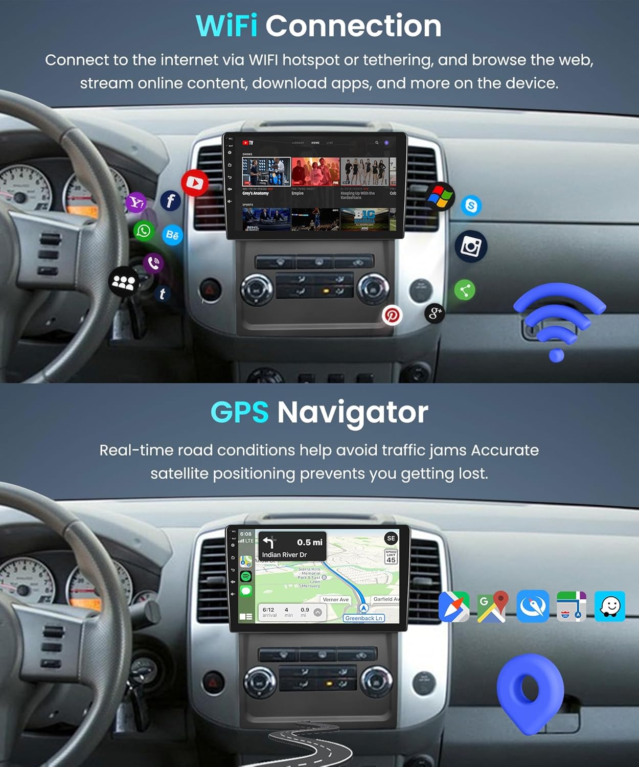 Screenshots showing Wi-Fi connection and GPS navigation features on the car stereo