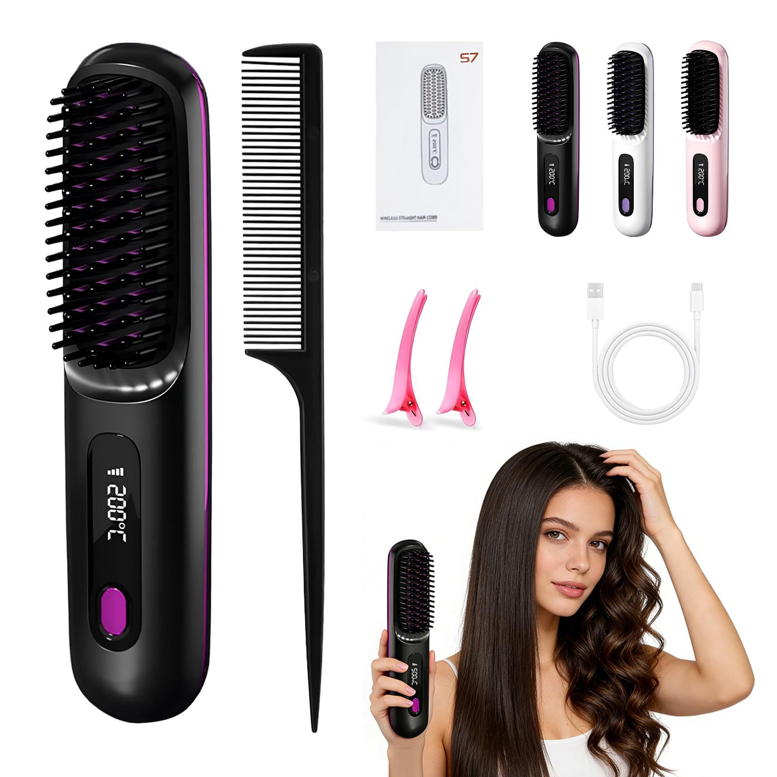 Cefryna Stylingbürste, Stylingbürste für Kurze Haare, Glättbürste Kabellos mit LED-Anzeige, Haarbürste Elektrisch, 3 Temperaturstufen, für Glattes, Lockiges und Trockenes Haar, Tragbar (Schwarz)