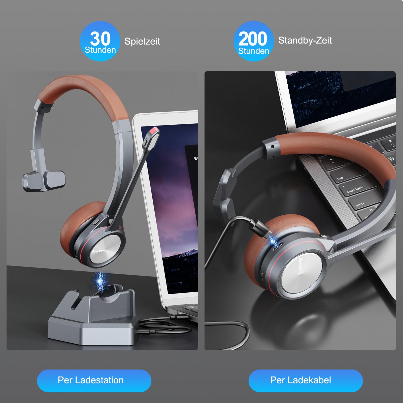 Wireless Headset, Mono Bluetooth Headset mit Mikrofon & USB Dongle für PC, 30 Stunden Sprechzeit Kopfhörer Kabellos für Mac Computer Skype Teasms Zoom Laptop Büro Callcenter Telefon