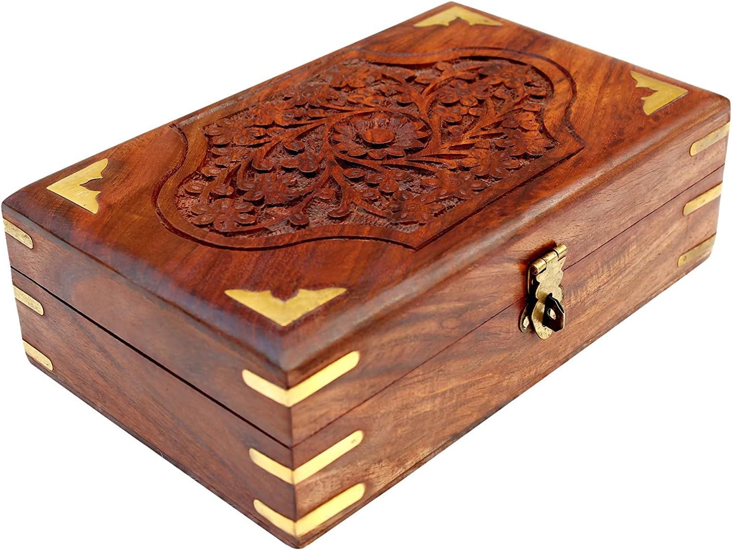 MANGDAI24 Handmade Wooden Jewellery Box for Women Jewel Organizer Hand Carved Carvings korner brass (7X5 in) Gift Items
