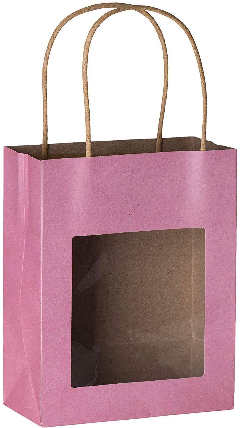 Hammont Paper Bags with Handles – Pink Gift Bags Bulk Medium Size 200 Pack Paper Craft Bag – Kraft Bags with Window - Transparent Gift Bags - Party Favor Gift Bags for Kids - 7.75