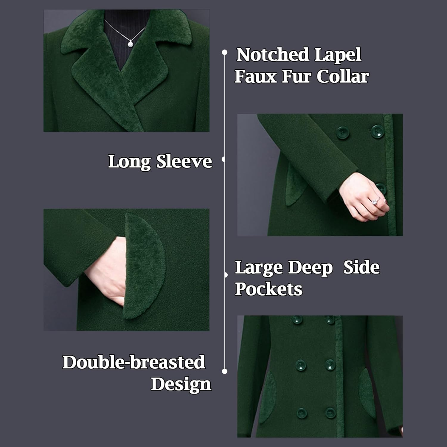 Aprsfn Women's Winter Wool Coats Double-breasted Notched Lapel Warm Jackets Midi Long Peacoat Long Sleeve Pea Coats - Image 3