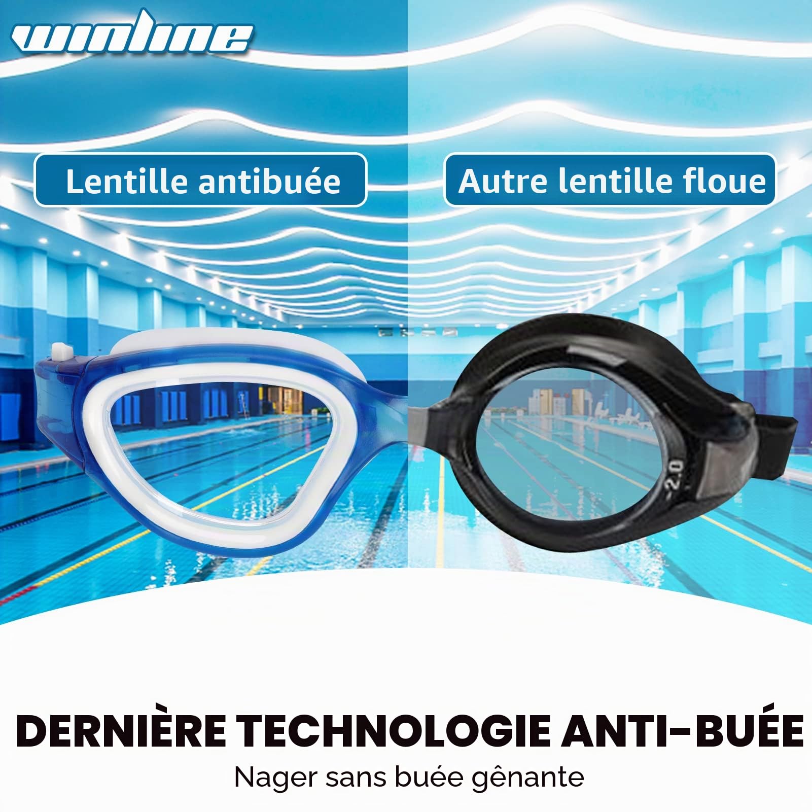 Winline Lunettes de natation à verres polarisés, Anti buée Anti UV Étanches Vision nette Réglage facile Pont souple, pour Hommes Femmes Adultes Adolescents