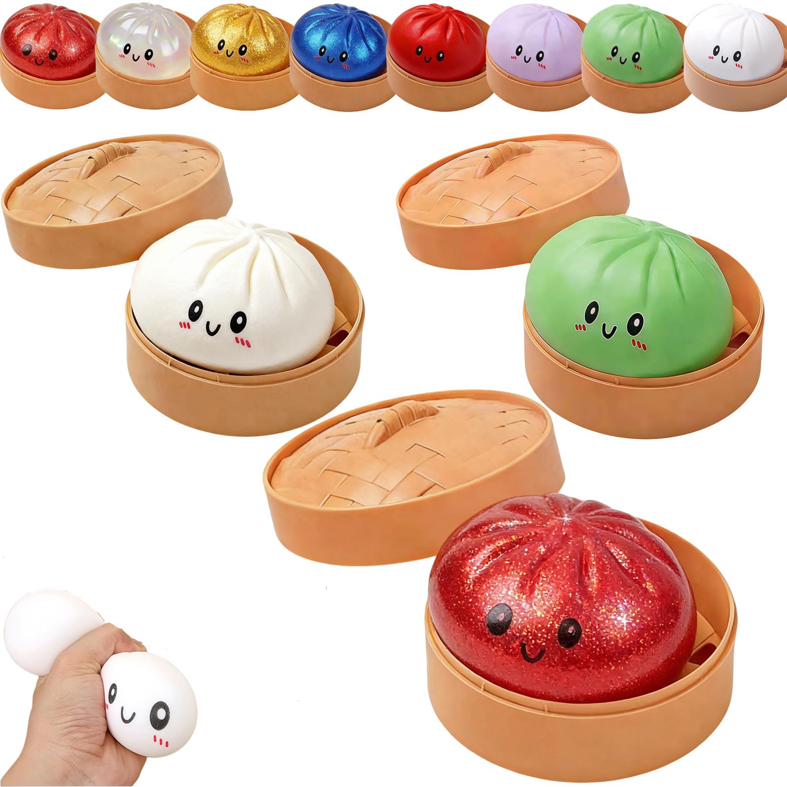 Dumpling Squishy, Squishy Dumpling Toy, Glitter Dumplings Squishiest Toy with Steamer Box, Stress & Anxiety Relief Toys for Kids & Adults Non-Edible (White) — view 9