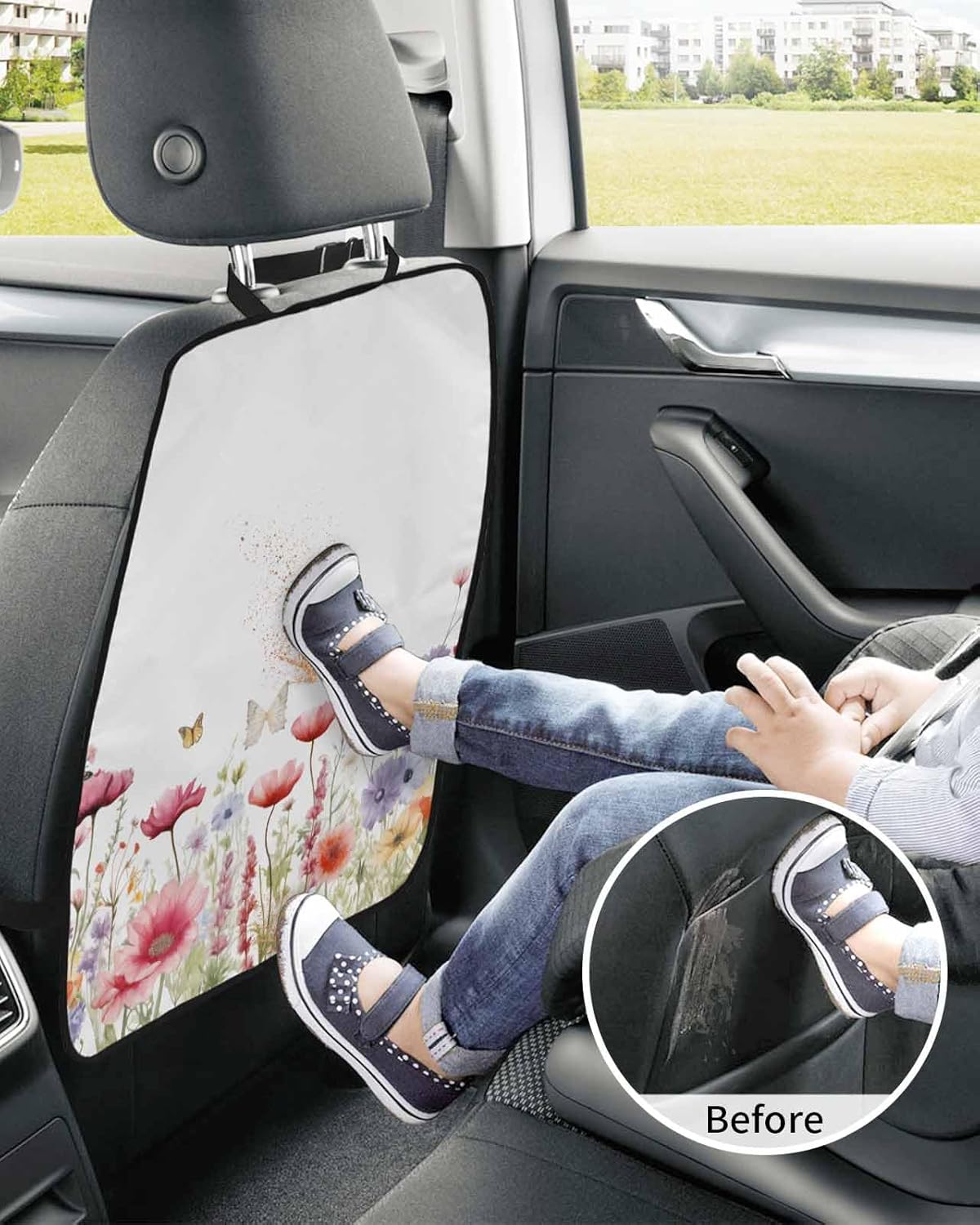 T&H XHome Car Seat Protector, 2 Pack Kick Mats Back Seat Protector Watercolor Red Purple Wild Flowers with Butterflies Waterproof Backseat Cover for Kids Universal Fit Automotive Interior Protectors