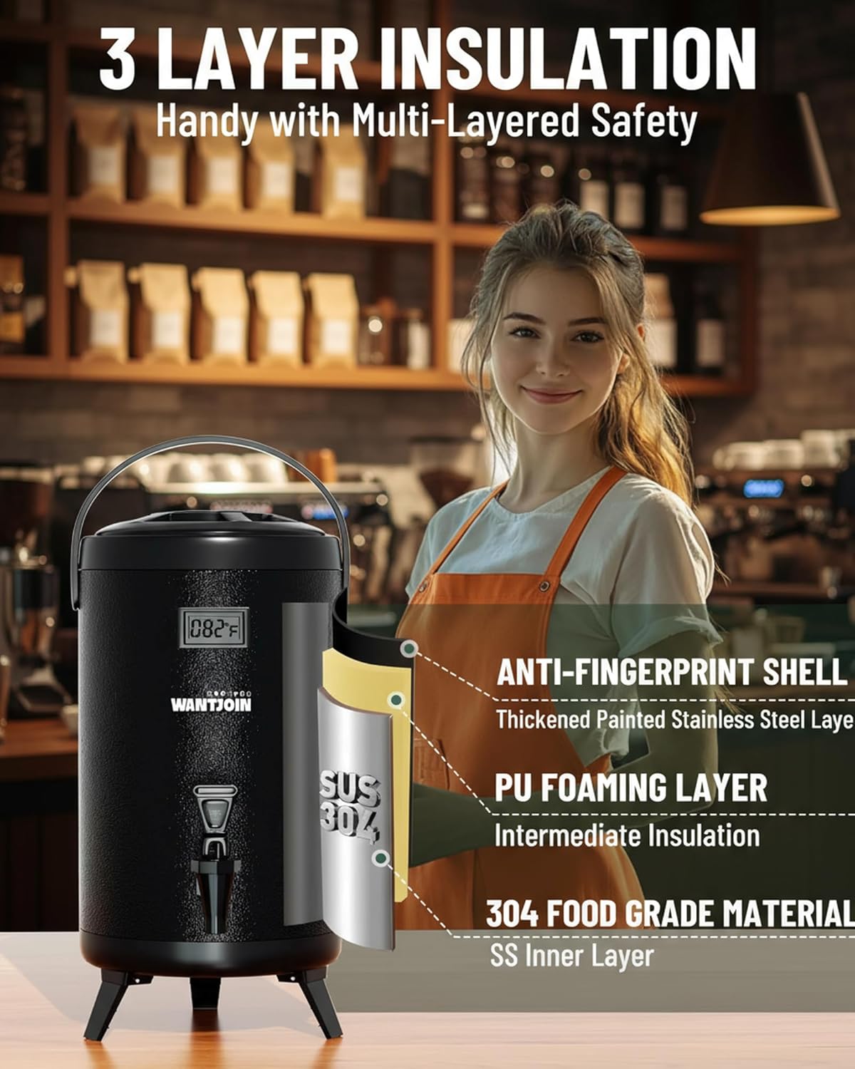 WantJoin Insulated Beverage Dispenser - Thermal 12L/3.2Gal Stainless Steel Hot & Cold Drink Dispenser with Spigot for Tea, Coffee, Milk, Water & Juice (Black) - Image 7