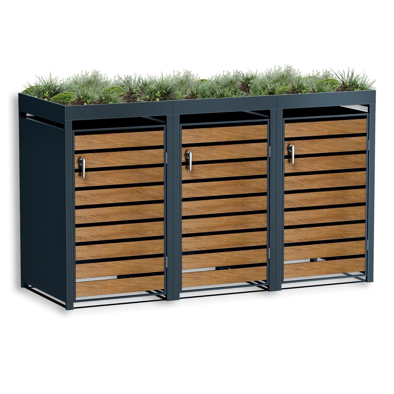 Metzler Box à poubelles 3x240L Anthracite & Aspect Bois avec Toit végétal & Bande de visibilité, Habillage pour 3 bacs avec Couvercle Automatique, Acier poudré Inoxydable, verrouillable