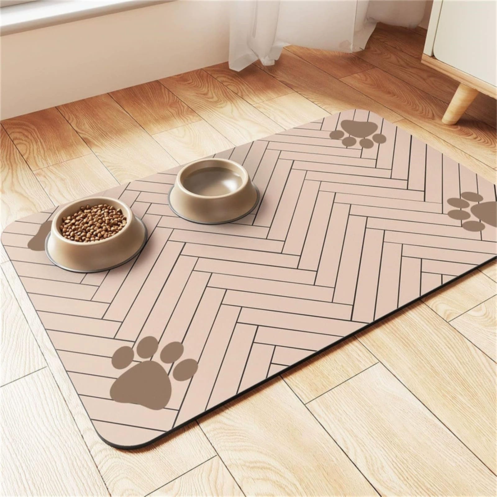 DOTBUY-SHOP Absorbent Pet Feeding Mat for Dog Cat, Chevron Pattern Quick Dry Pet Food Bowl Mats with Non Slip Rubber Bottom Diatomite Durable Dog Placemat Washable (Light Brown,60x90cm)