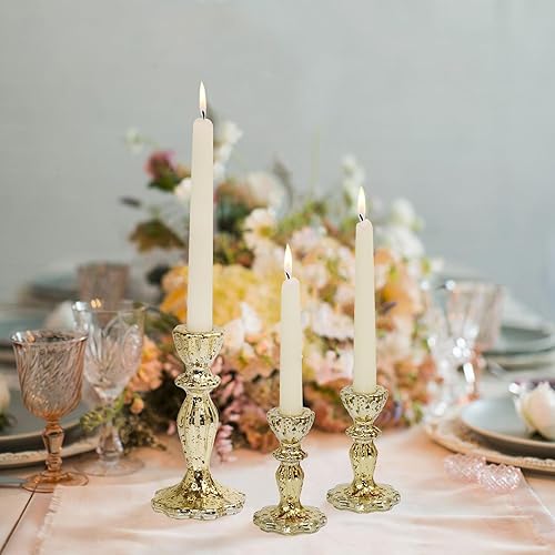 Miniatura 3 de Juego de 3 portavelas de mercurio de cristal dorado para candelabros, centro de mesa, decoración del hogar, boda, cumpleaños, fiesta, Navidad