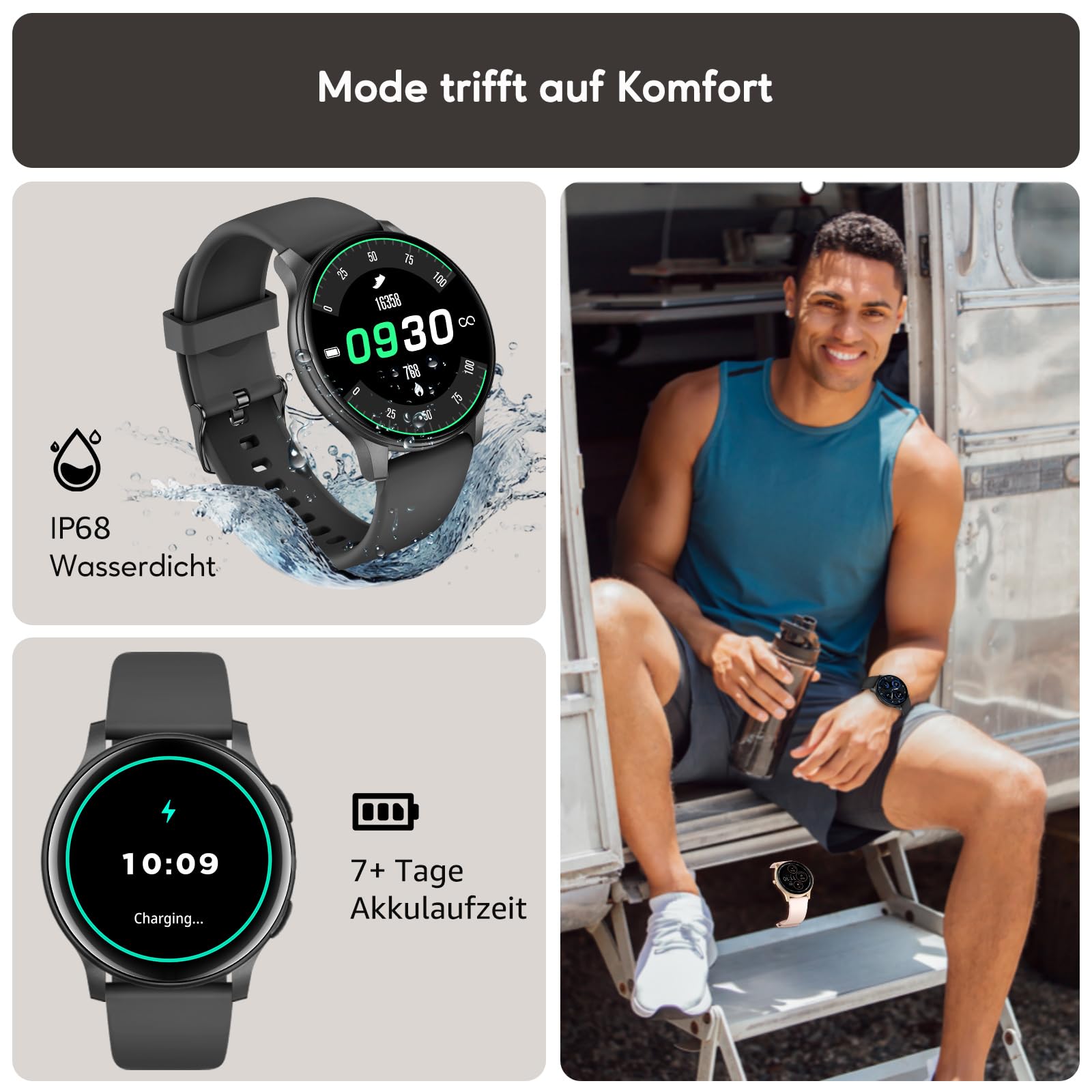 AcclaFit Smartwatch Damen Herren, 1.38 Zoll HD-Display Smart Watch mit Bluetooth Anrufe, Fitness Tracker mit Herzfrequenz SpO2 Schlafmonitor Schrittzähler, IP68 Wasserdicht Fitnessuhr für iOS Black