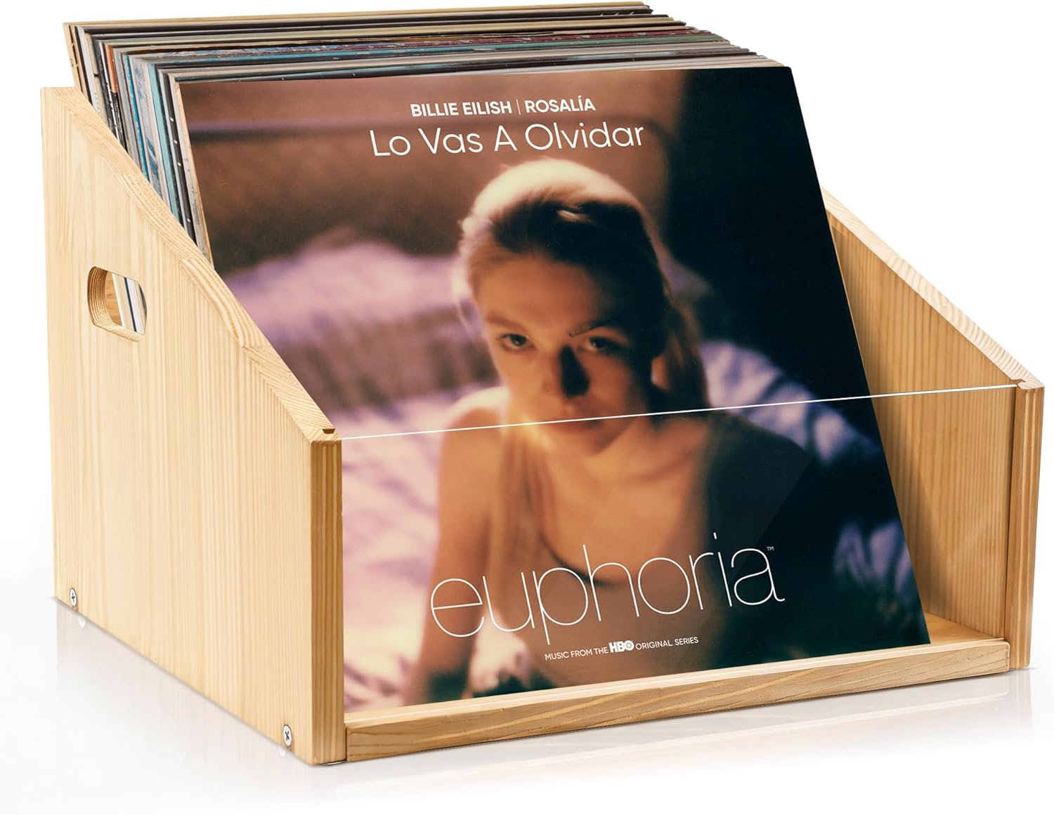 GRETJOB Vinyl Record Storage Crate - Wooden & Acrylic Record Storage Holds 70+ Records, Books, Files - Desktop & Home Office Storage with Handle (Nature wood color)