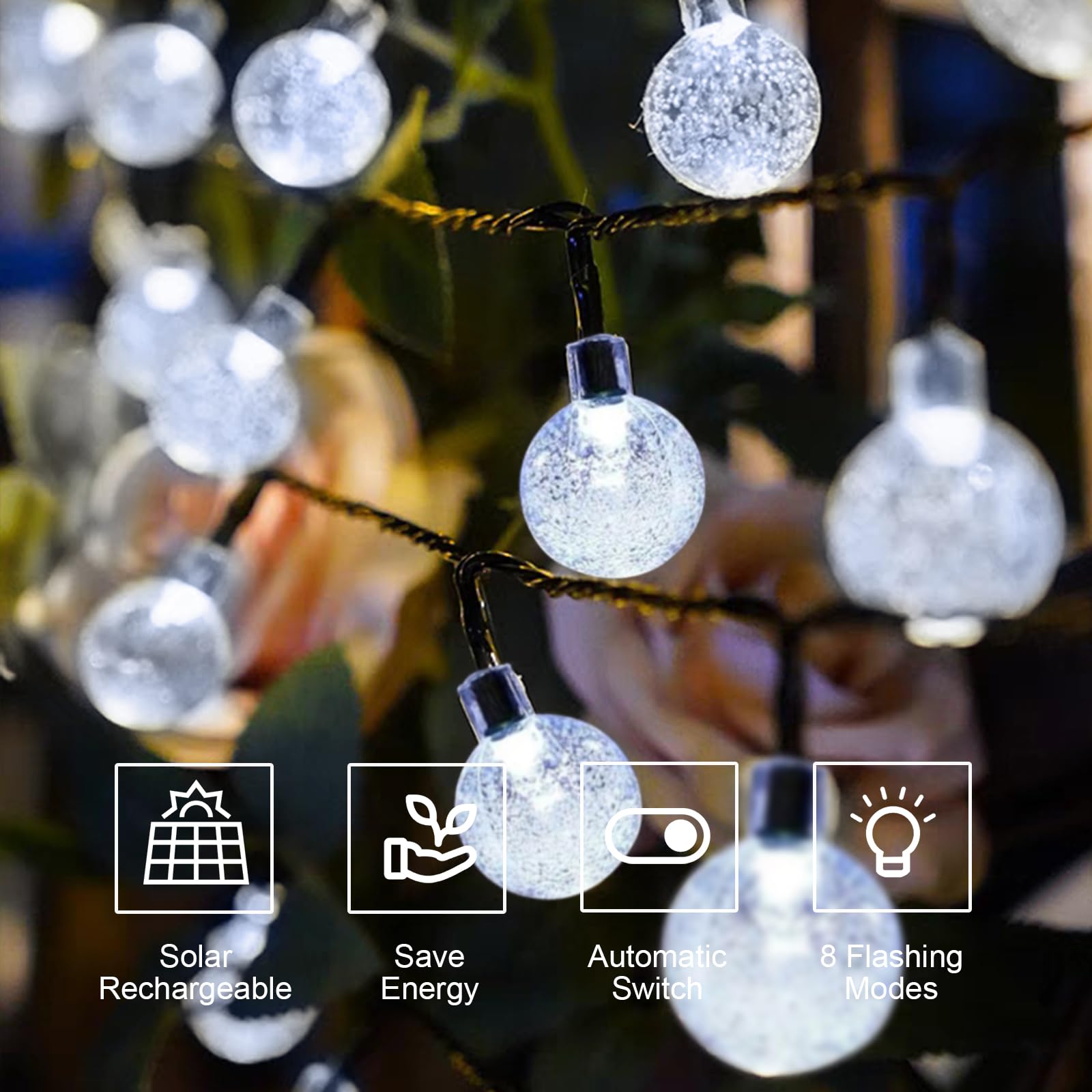 LQWELL® Catena di luci solari per esterni, giardino, luce a energia solare, sfere di cristallo, 40 LED, 10 m, IP44, 8 modalità, per esterni, giardino, terrazza (10M 40LED Bianco)
