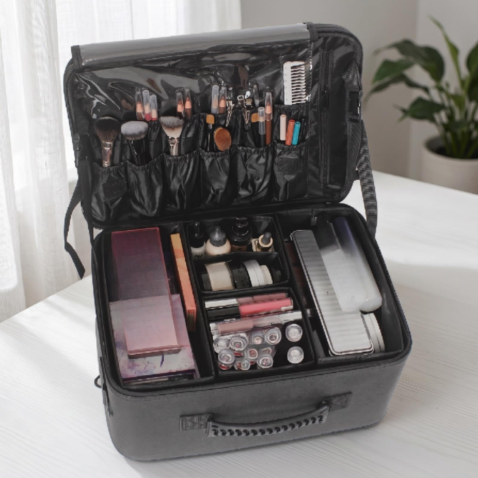 Cosmetic Storage Case Trucchi Valigetta Organizer Porta Cosmetici Borsa Grande Capacità E Scomparti Rimovibili in Pelle Pu con Coperchio Trasparente Adatta a Viaggi 41cm