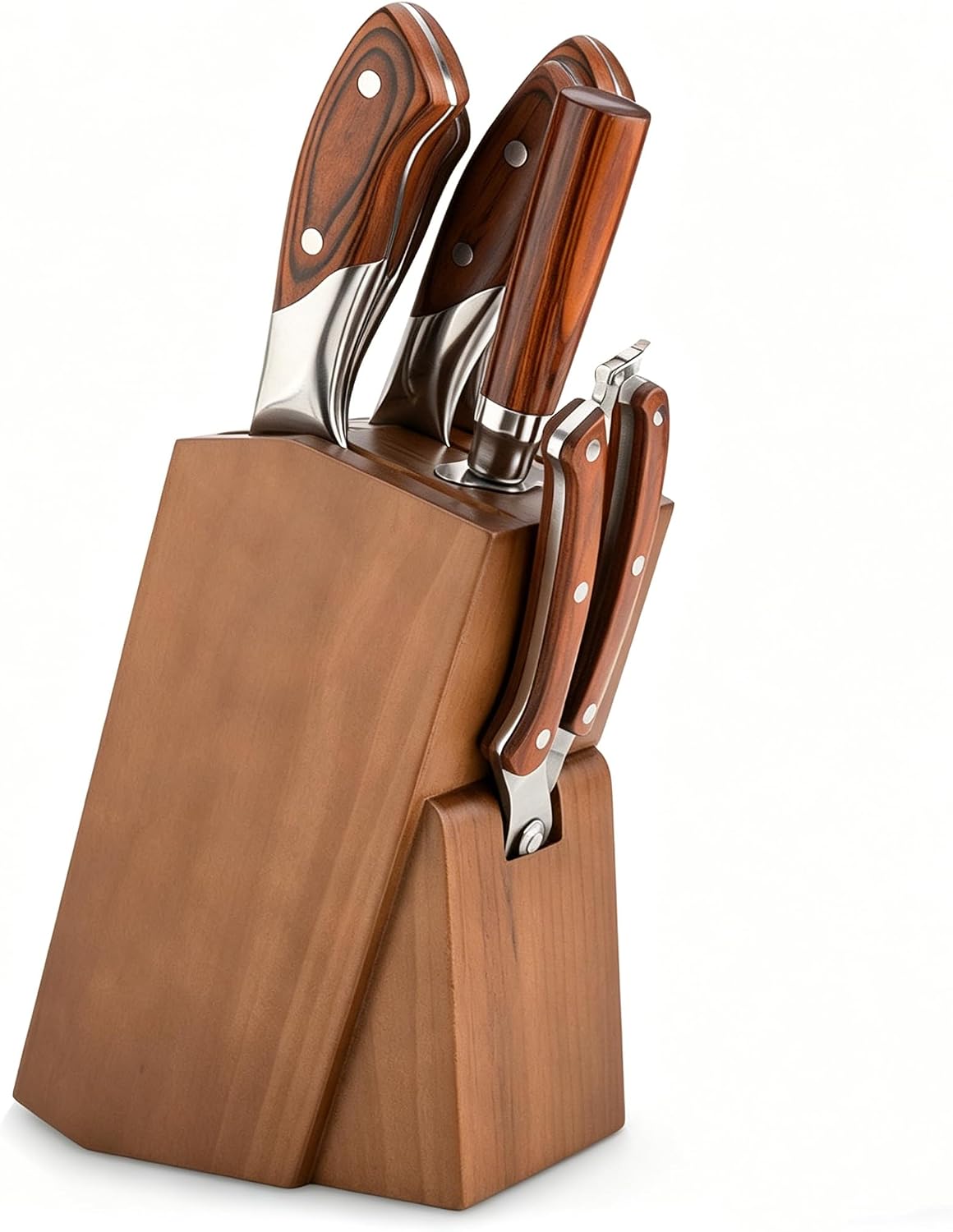 Solid Wood Knife Holder, 6 Slots Kitchen Knife Block with Scissor Slot & Sharpening Slot Universal Utensil Knife Storage Holder Wooden Knife Block without Knives (Brown)