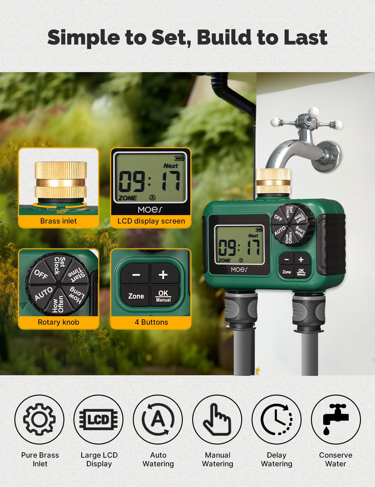 MOES Timer irrigatore a 2 uscite, ingresso in ottone, regolatore automatico programmabile per irrigazione, ritardo pioggia, irrigazione manuale, timer per tubi dell'acqua a 2 zone per giardini, prati