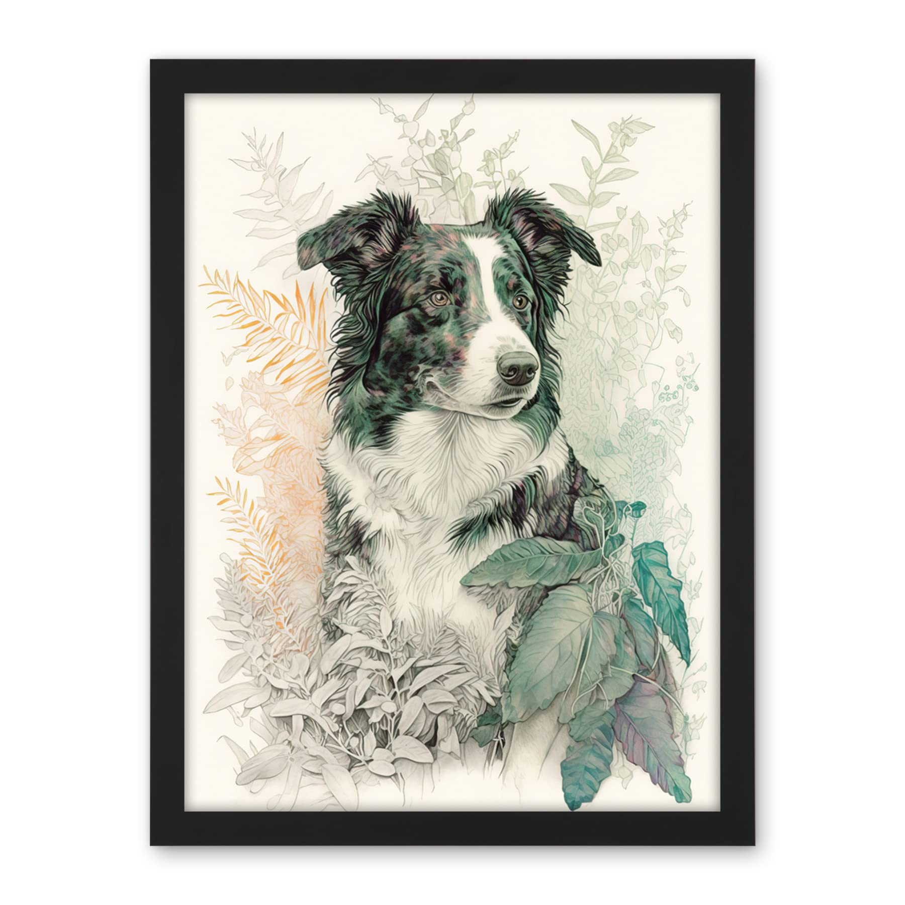 Artery8 Border Collie Dog in Field Modern Colour Pencil Portrait Illustration Artwork Framed Wall Art Print 18X24 Inch