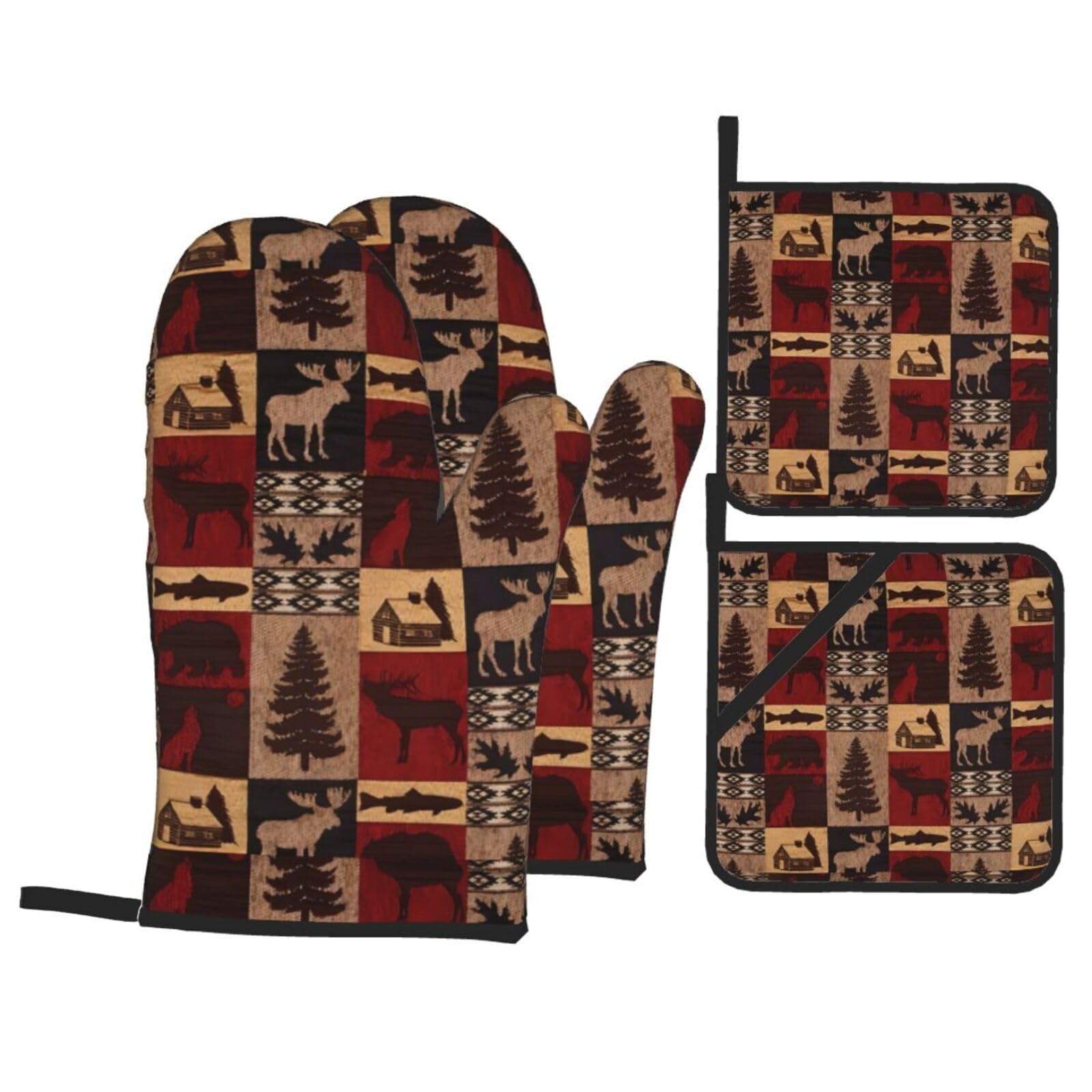 YYHHAOFA Lodge Bear Deer Fish Prints Kitchen Baking Set with Heat Resistant Pot Holders & Oven Mitts - Waterproof Layers for Cooking, Grilling & Serving, Includes Pocket Layer