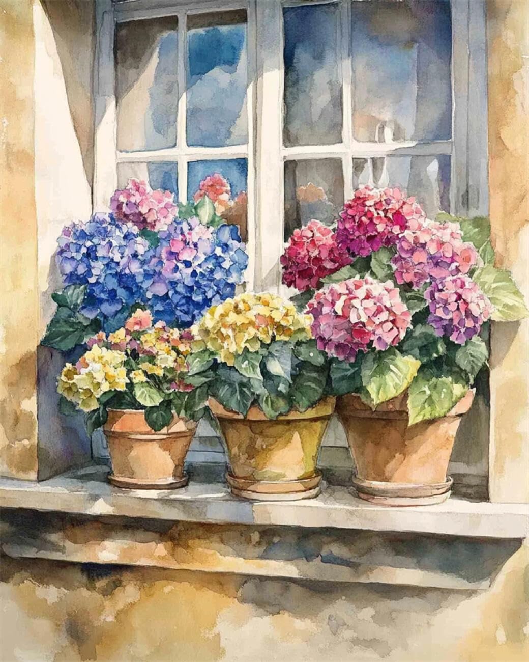RKFLGEW Flowers 14CT Stamped Cross Stitch Kits Hydrangeas By The Window Counted Fabric Cross Stitching DIY Art Needlecrafts Embroidery Kits with Scissors Accessories 40x50cm