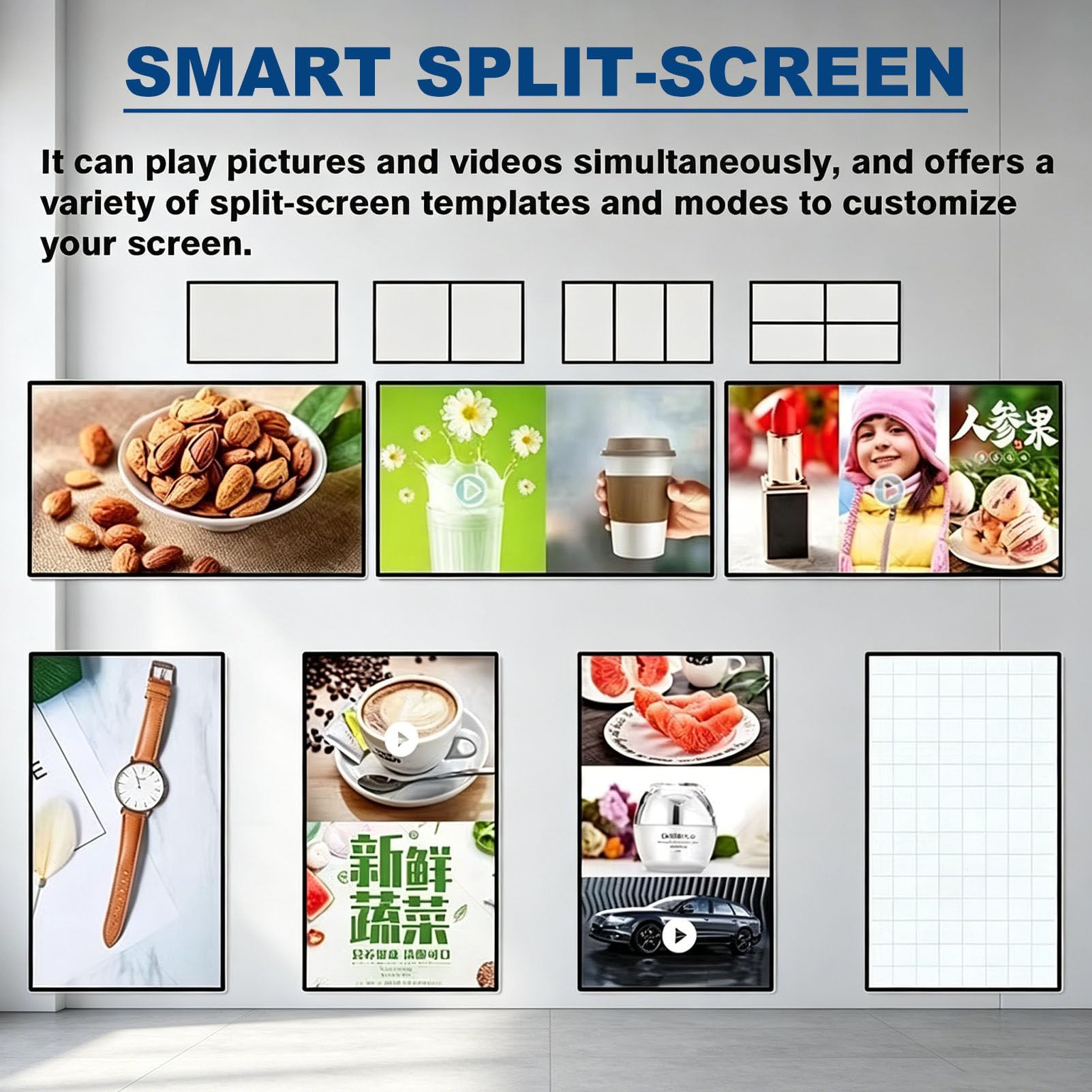 Schermo pubblicitario commerciale a parete per digital signage 32in | Display IPS ultrasottile con funzione split-screen (schermo diviso) e timer di accensione/spegnimento