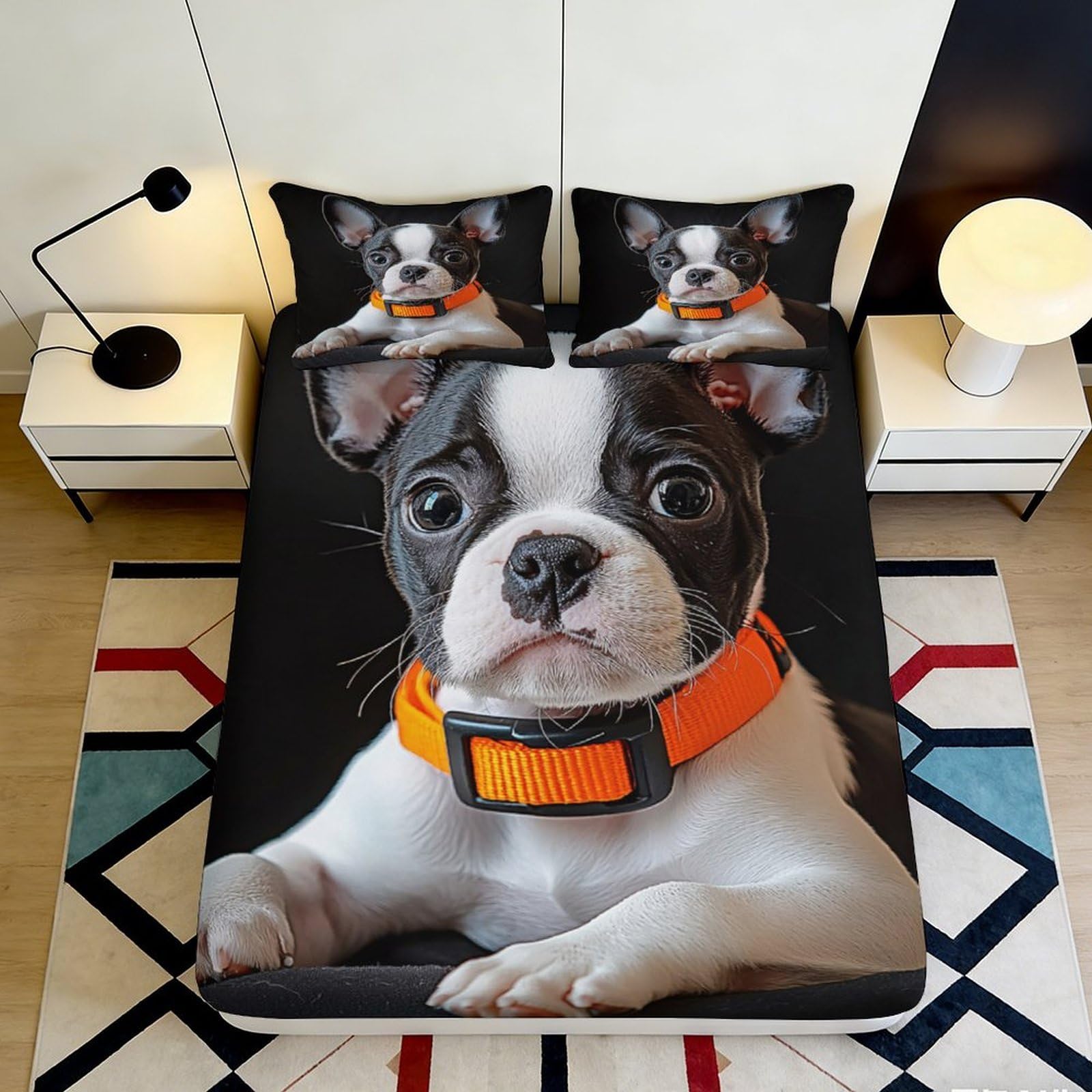 3D Printed Cute Boston Terrier Fitted Sheet Microfiber Soft Breathable Puppy Bed Cover for Bedroom Dormitory Guest Room Mattress Protection 160x200x25cm