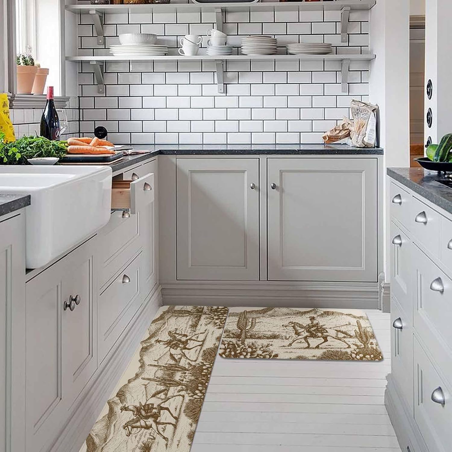 Beige Western Farmhouse Kitchen Rugs and Mats Set of 2, Non-Slip Kitchen Sink Mat, Vintage Cowboys Cactus Washable Doormat Bathroom Rugs Runner for Bedroom/Living Room 19.7"x31.5"+19.7"x47.2"