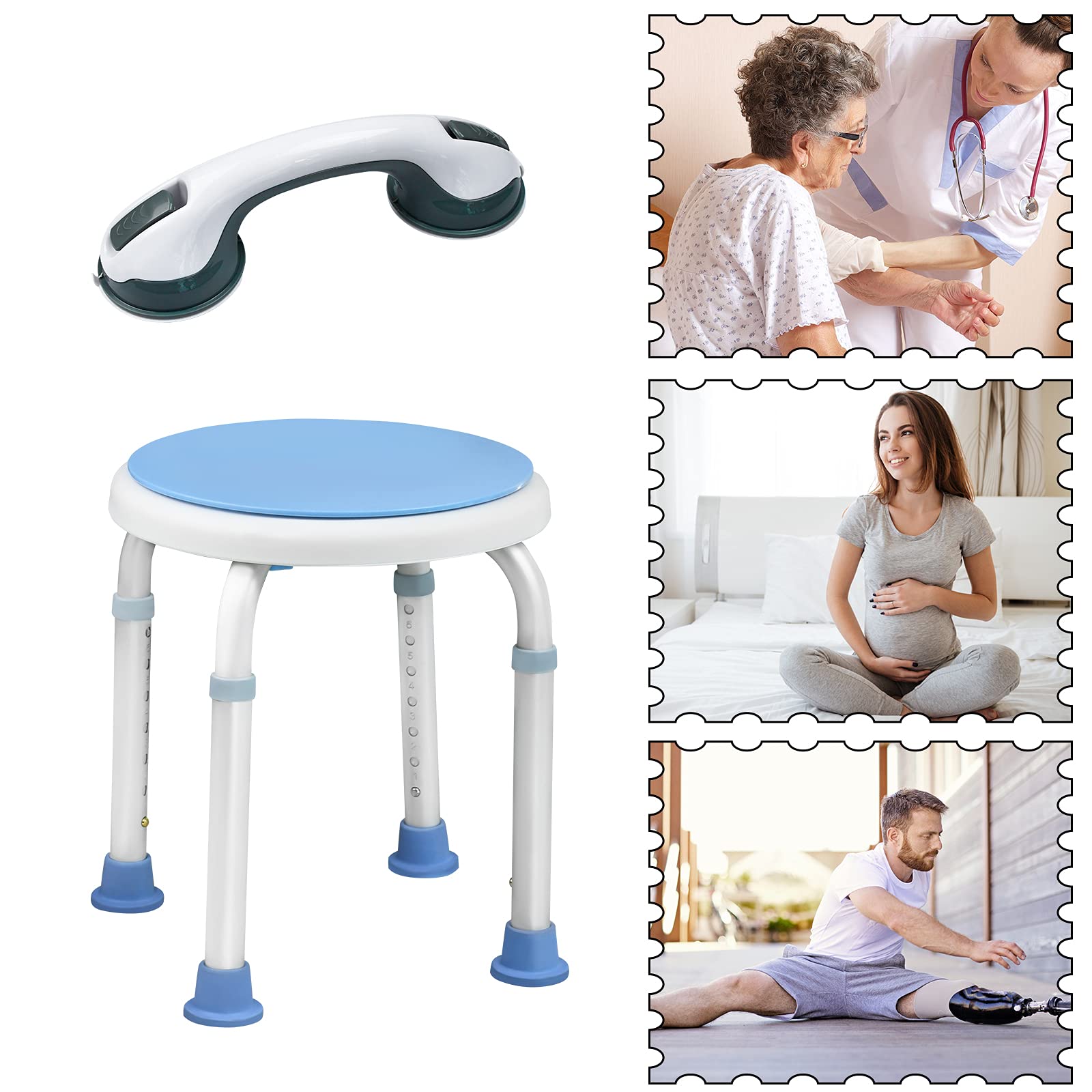 LARS360 Sgabello da doccia con manico, sedia da doccia regolabile in altezza, girevole a 360°, per doccia antiscivolo, 37-53 cm
