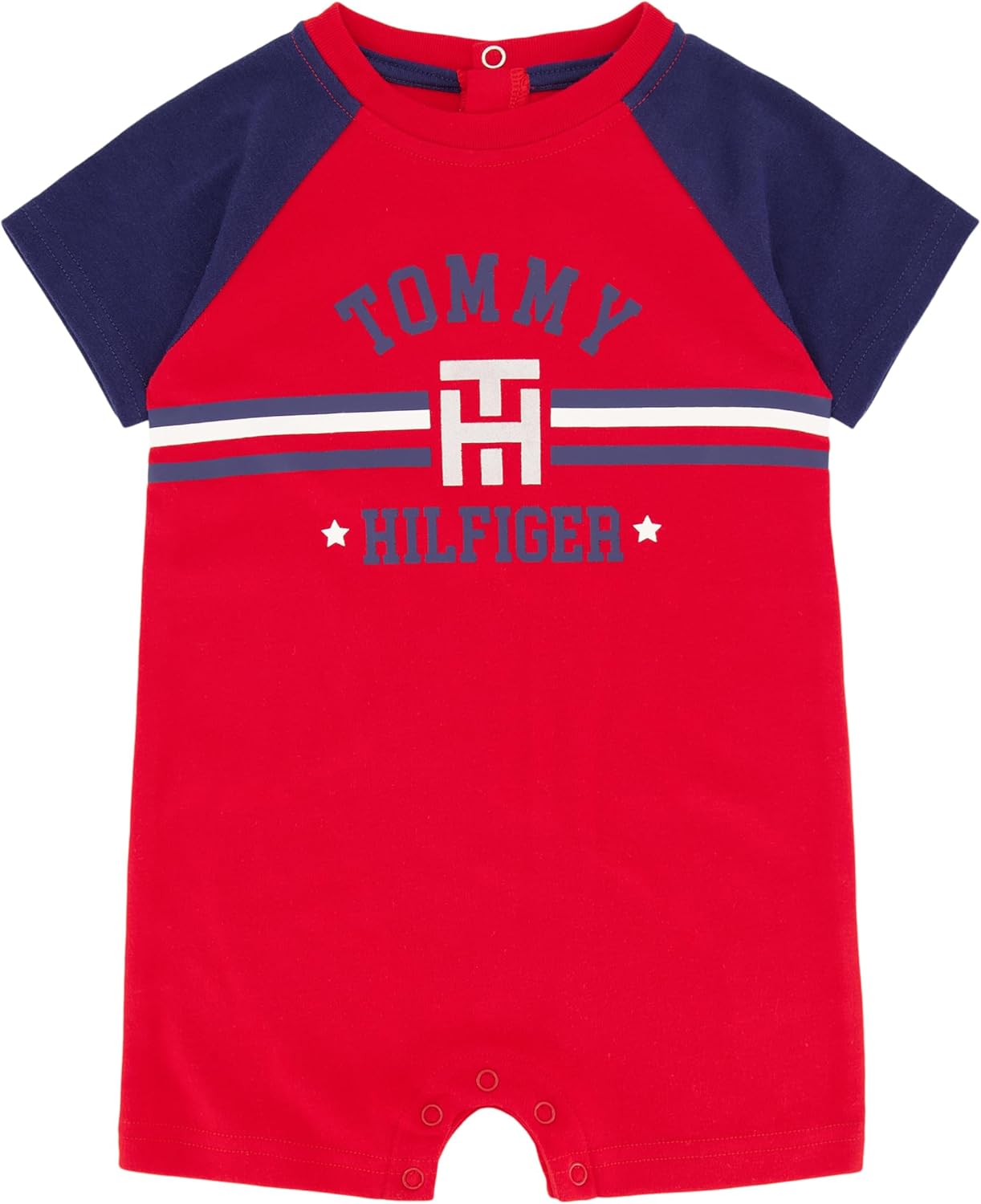 Tommy Hilfiger Baby Boy's Short Sleeve Shortall Romper, Tommy Red/Medieval Blue, 18 Months