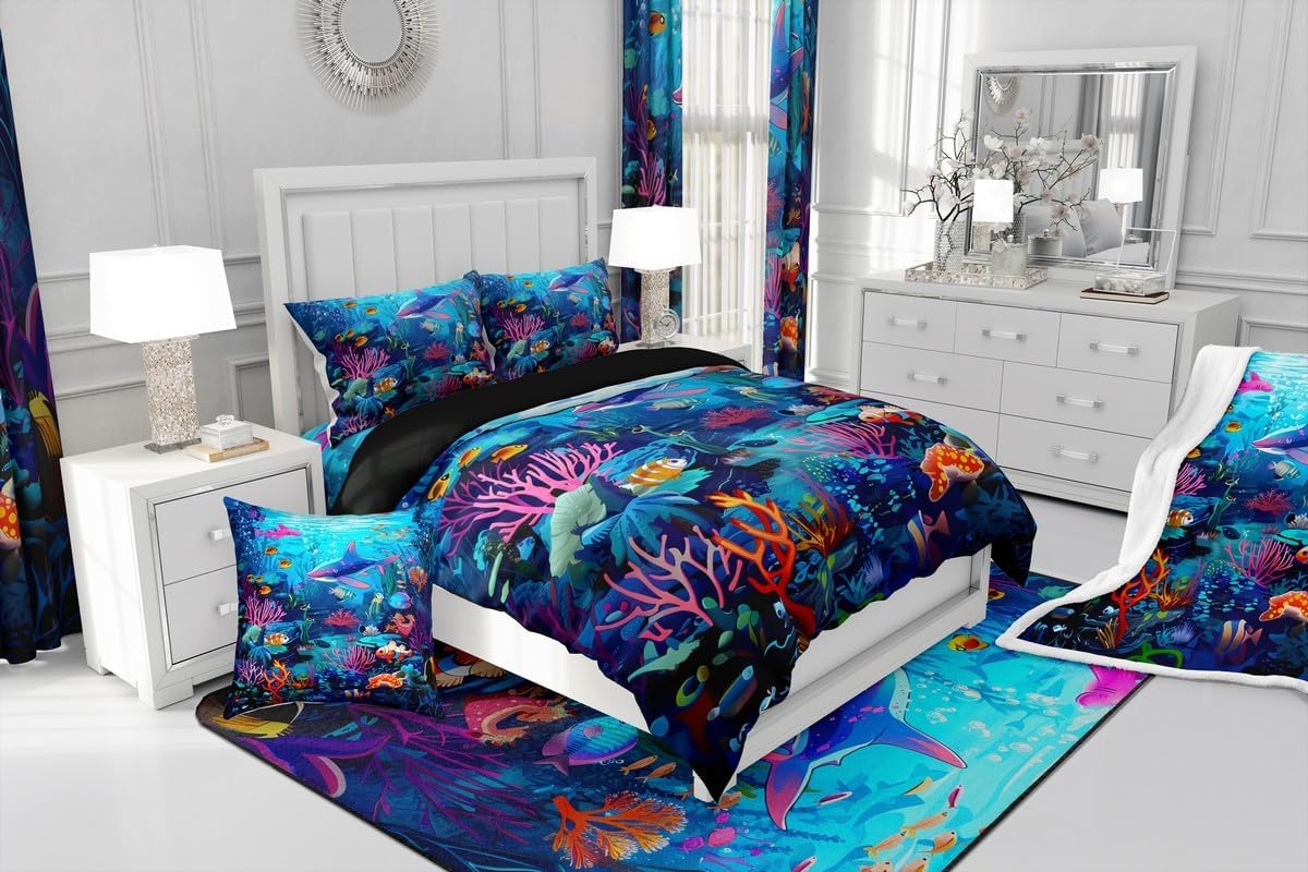 Feelyou Kids Shark Area Rug 3x5 Ocean Sea Animal Living Room Rugs for Boys Girls Sea Underwater World Decorative Carpet Set Coral Coralline Indoor Floor Mat