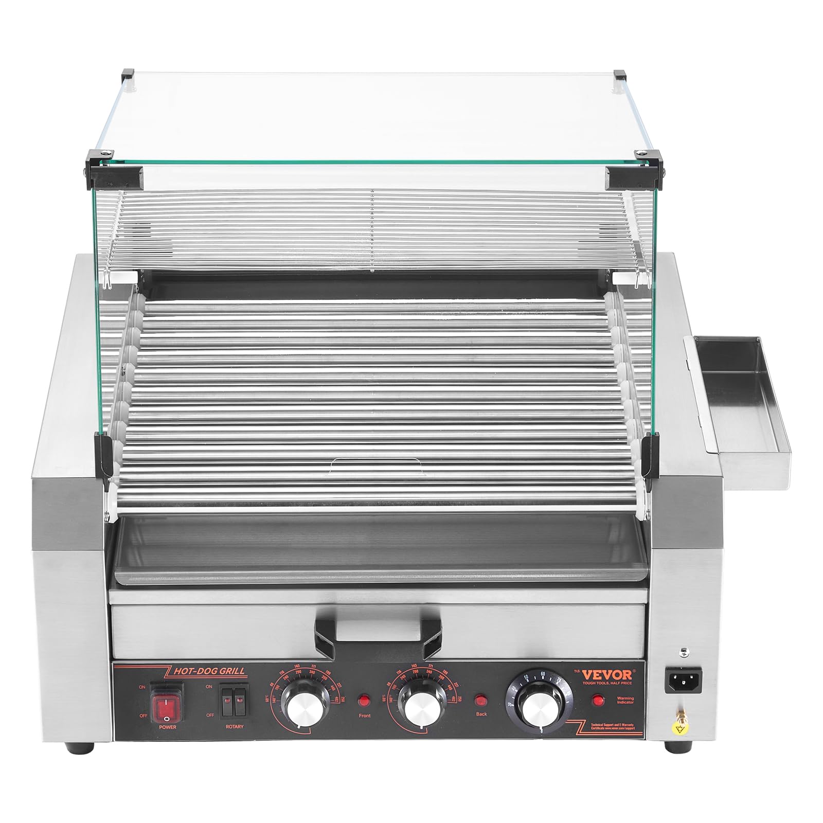 VEVOR Rullo per Hot Dog, 30 Hot Dog 11 Rulli, Cuocitore per Salsicce in Acciaio Inox da 2400 W Scalda Panini, Coperchio, 3 Controlli di Temperatura, Contenitore Laterale, Vassoio Raccogli-Olio
