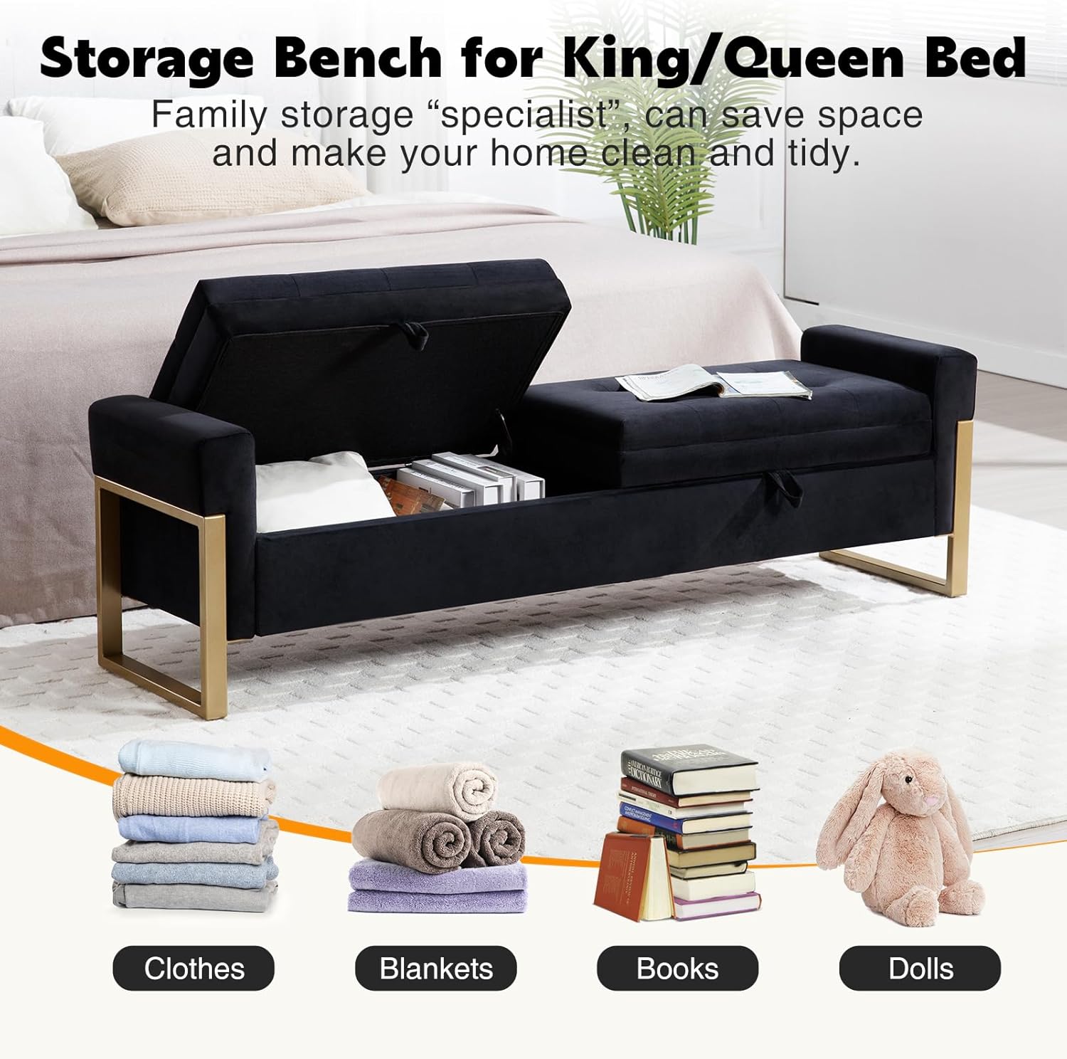 67" End of Bed Storage Bench for Bedroom King Size, Double Lids Storage Ottoman Bench with Golden Legs, Velvet Bed Bench for Living Room Window Entryway, Black