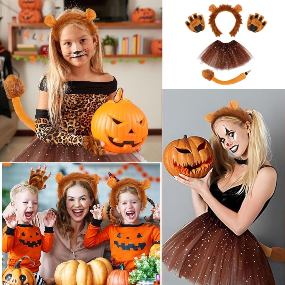 Set di costumi da leone: kit da 4 pezzi con orecchie da leone, guanti, coda e gonna tutù, perfetto per bambini e adulti, cosplay, Halloween, compleanno, carnevale, spettacoli teatrali
