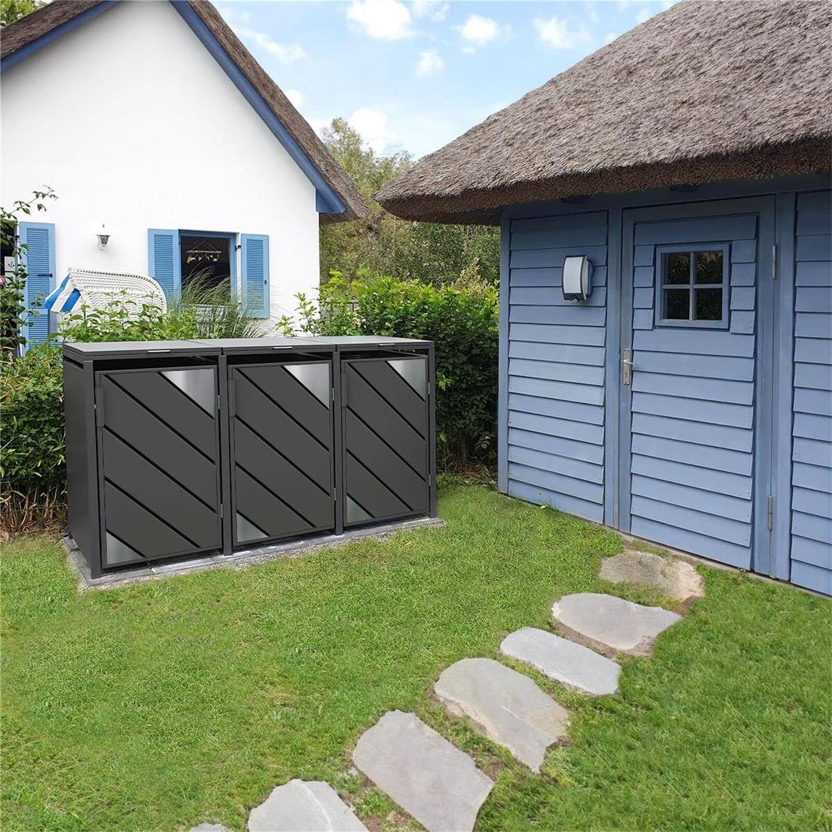 Metzler Mülltonnenbox 3er 240L Anthrazit mit Edelstahl Akzenten | Mülltonnenverkleidung für 3 Tonnen aus verzinktem Stahl | wetterfest mit Automatikdeckel und Soft Close
