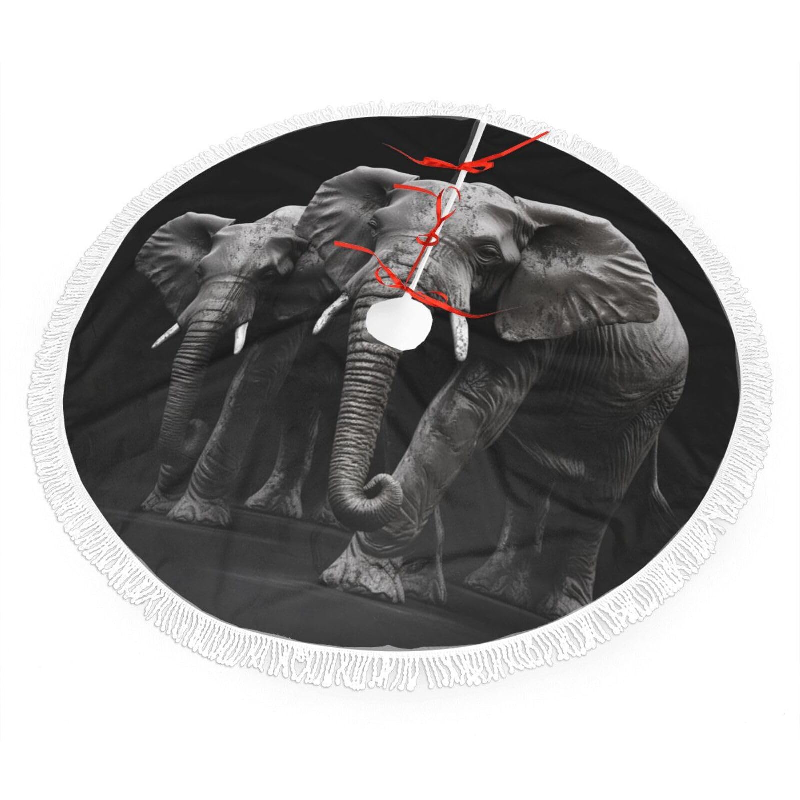 3D Gray Elephant Christmas Tree Skirt 48", Soft Plush Xmas Tree Carpet with Tassel Christmas Ornaments Winter Holiday Tree Mat Decoration for Home Party Supplies