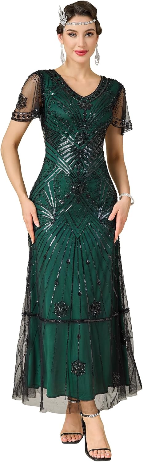 Women's Flapper Dress 1920s V-Neck Evening Gown Sequin Beaded Maxi Dress for Wedding