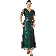 MTITE Womens Flapper Dress 1920s V-Neck Evening Gown Sequin Beaded Maxi Dress for Wedding