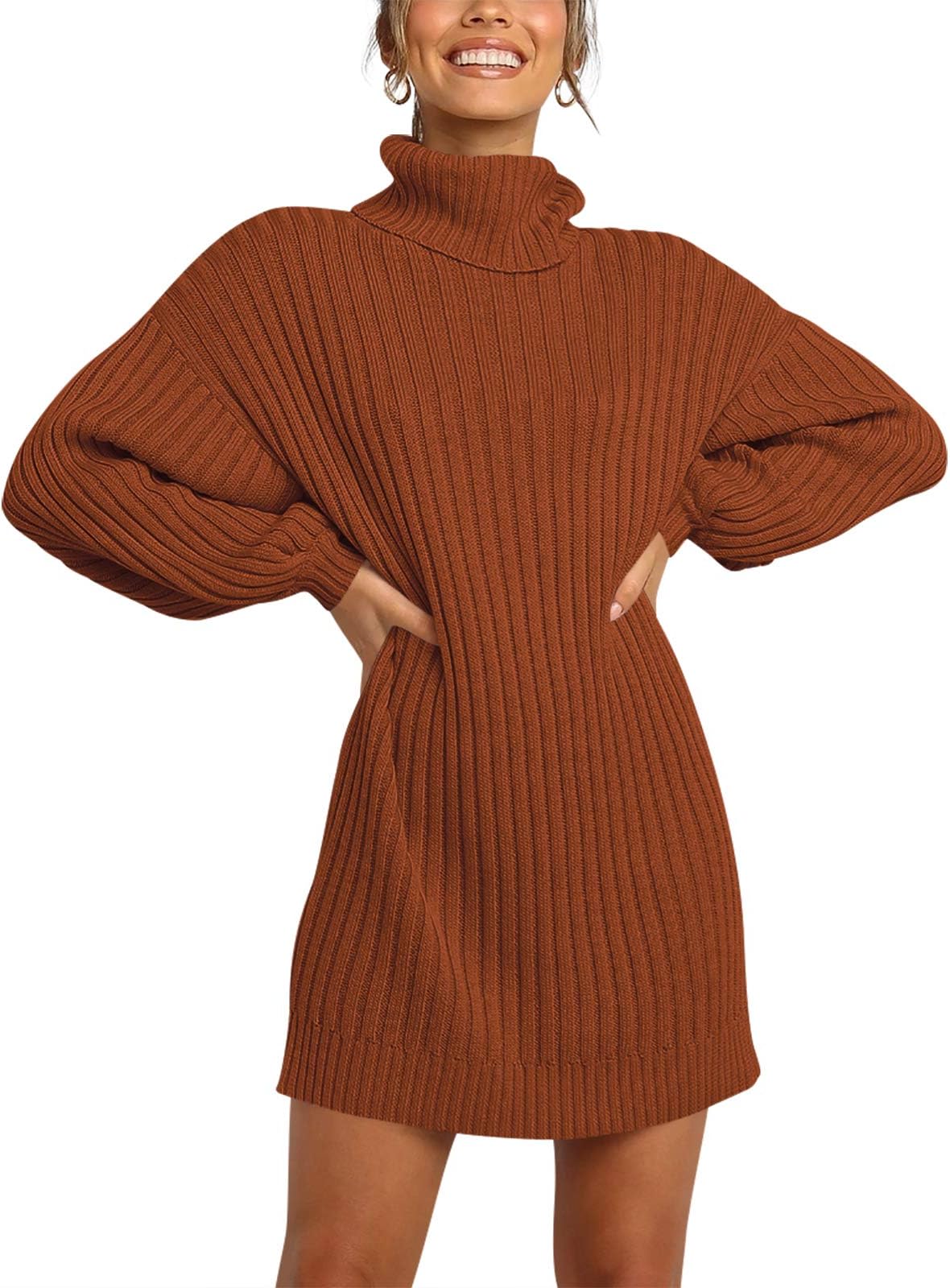 MILLCHIC Women Turtleneck Long Lantern Sleeve Sweater Dress Winter Casual Loose Knit Oversized Pullover Dresses